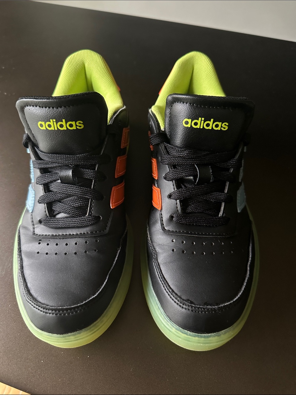 adidas Kids Black Sneakers with Neon Green Lining and Orange Stripes